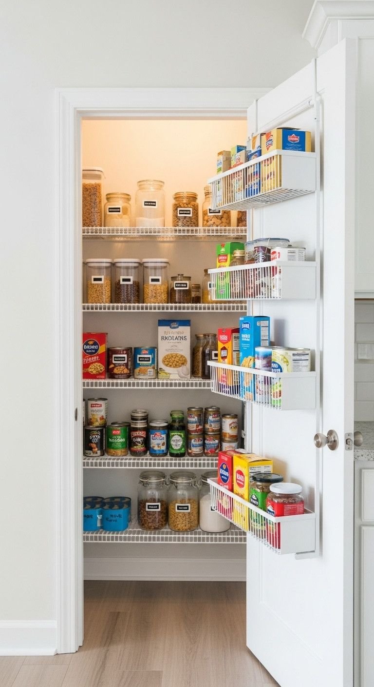 White metal over-the-door pantry rack with organized baskets of pasta, cans, and jars for efficient kitchen storage.
