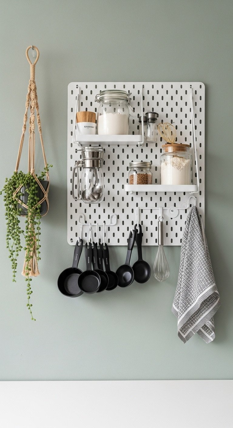 White metal pegboard kitchen wall with black measuring cups, spoons, and flour jar organized stylishly
