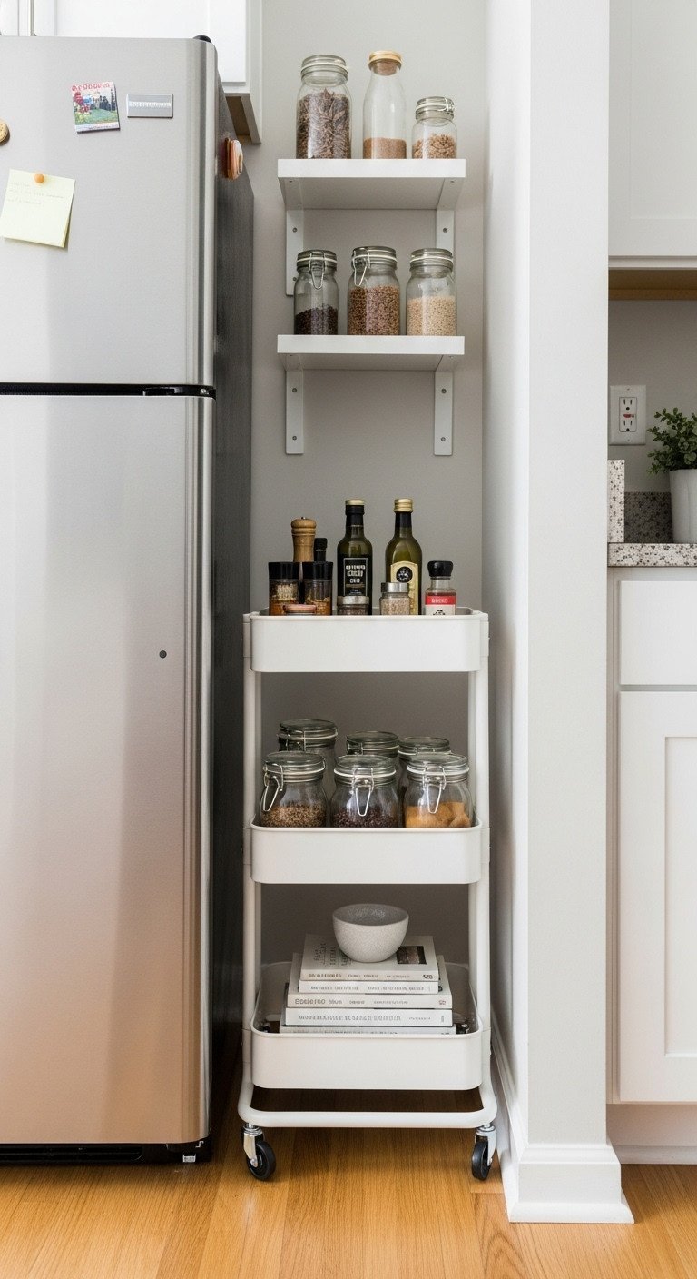 White metal rolling cart with spice jars, olive oil, and cookbooks, neatly tucked into a functional apartment galley kitchen space.