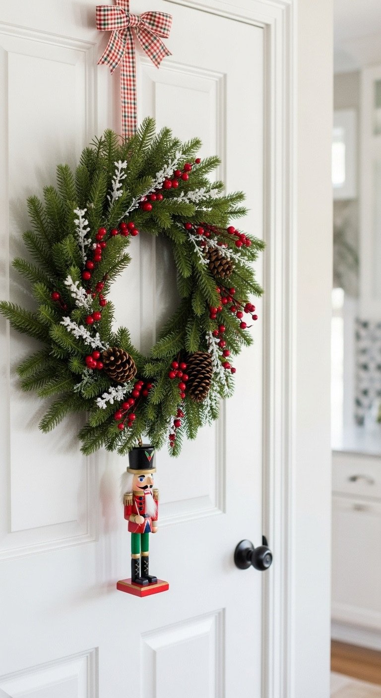 White pantry door featuring a vibrant evergreen wreath with red berries, pine cones, and a prominent soldier nutcracker. Welcoming Christmas kitchen decor.
