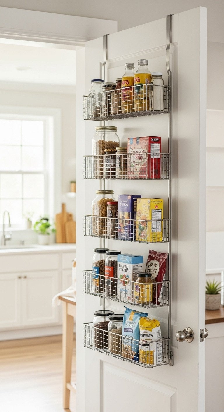 11 Smart Apartment Kitchen Organization Ideas For Renters 3 White pantry door with metal over-the-door organizer, neatly arranged with jars of spices, pasta boxes, and snack bags.