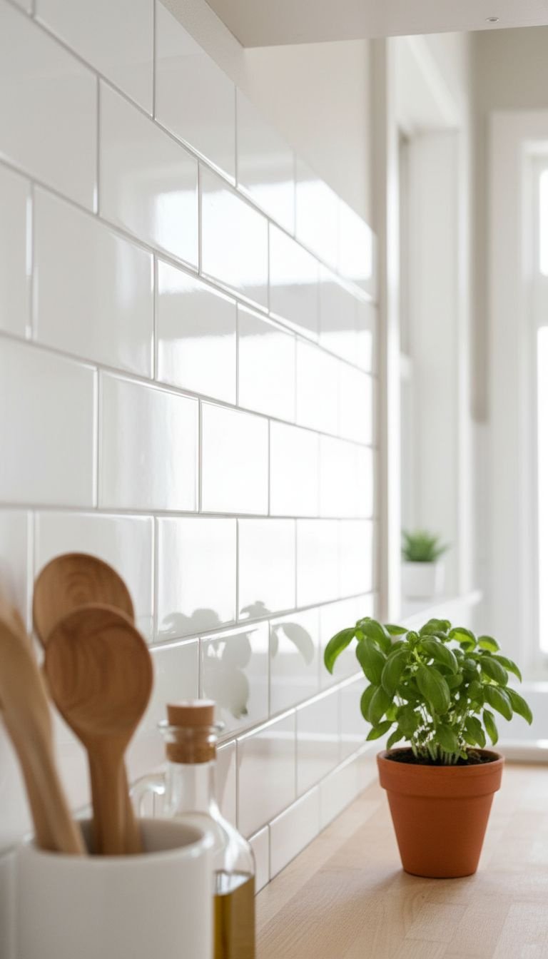 White peel-and-stick subway tile backsplash with light gray grout, wooden counter, potted herb in a bright kitchen. DIY home decor.