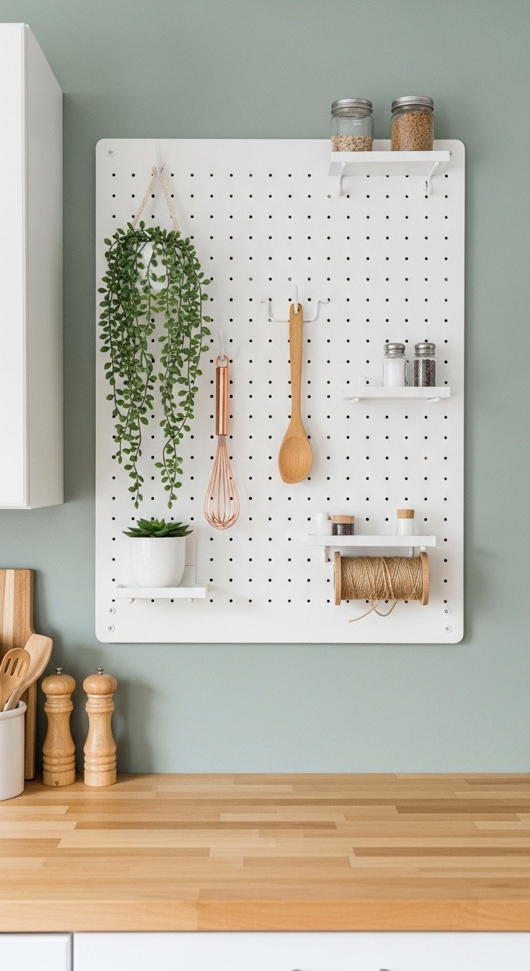 11 Brilliant Apartment Kitchen Layout Ideas For Small Spaces 9 White pegboard backsplash with plant, copper whisk, wooden spoon, and salt/pepper. Organized apartment kitchen.