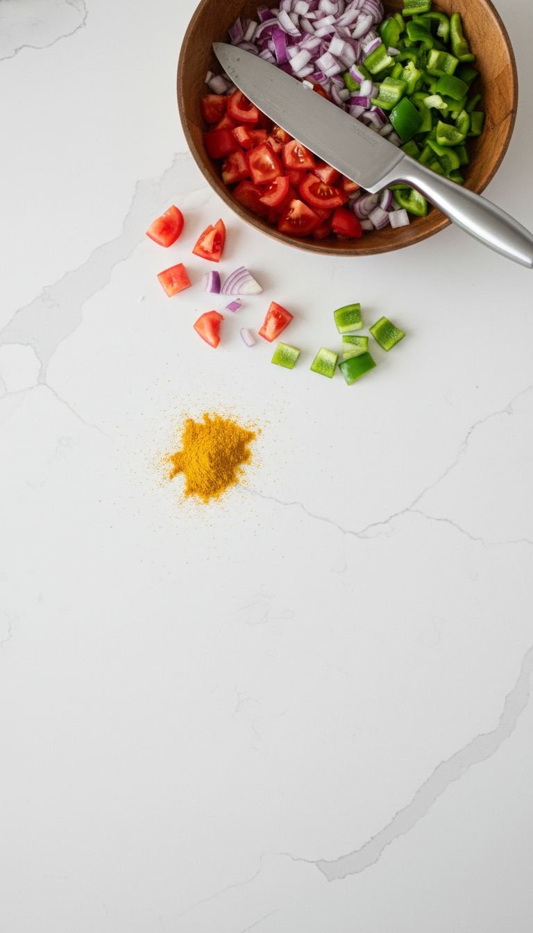 White quartz countertop with grey veins, turmeric spill, chopped vegetables. Highlights stain-resistant kitchen surface.