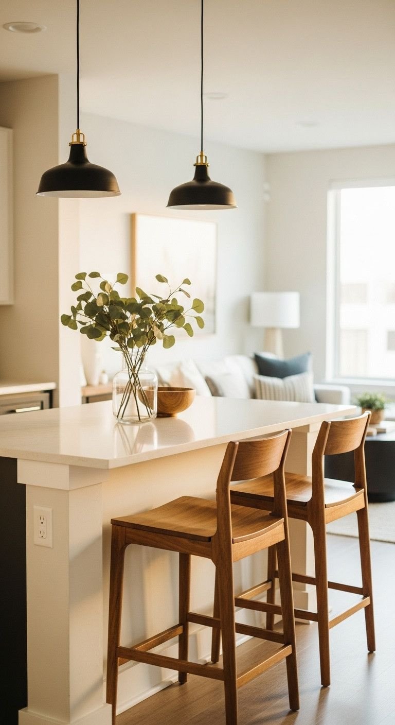 13 Genius Open Concept Apartment Ideas To Create Perfect Flow 5 White quartz waterfall kitchen island, wooden stools, black pendant lights. Modern, cozy apartment kitchen with open concept design.