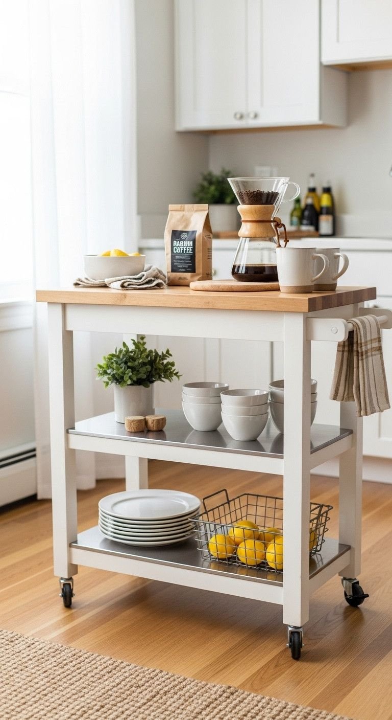 Small Studio Apartment Kitchen Designs That Actually Work 3 White rolling kitchen cart, butcher block top, coffee station (pour-over, mugs), plates, lemons. Efficient studio kitchen storage.