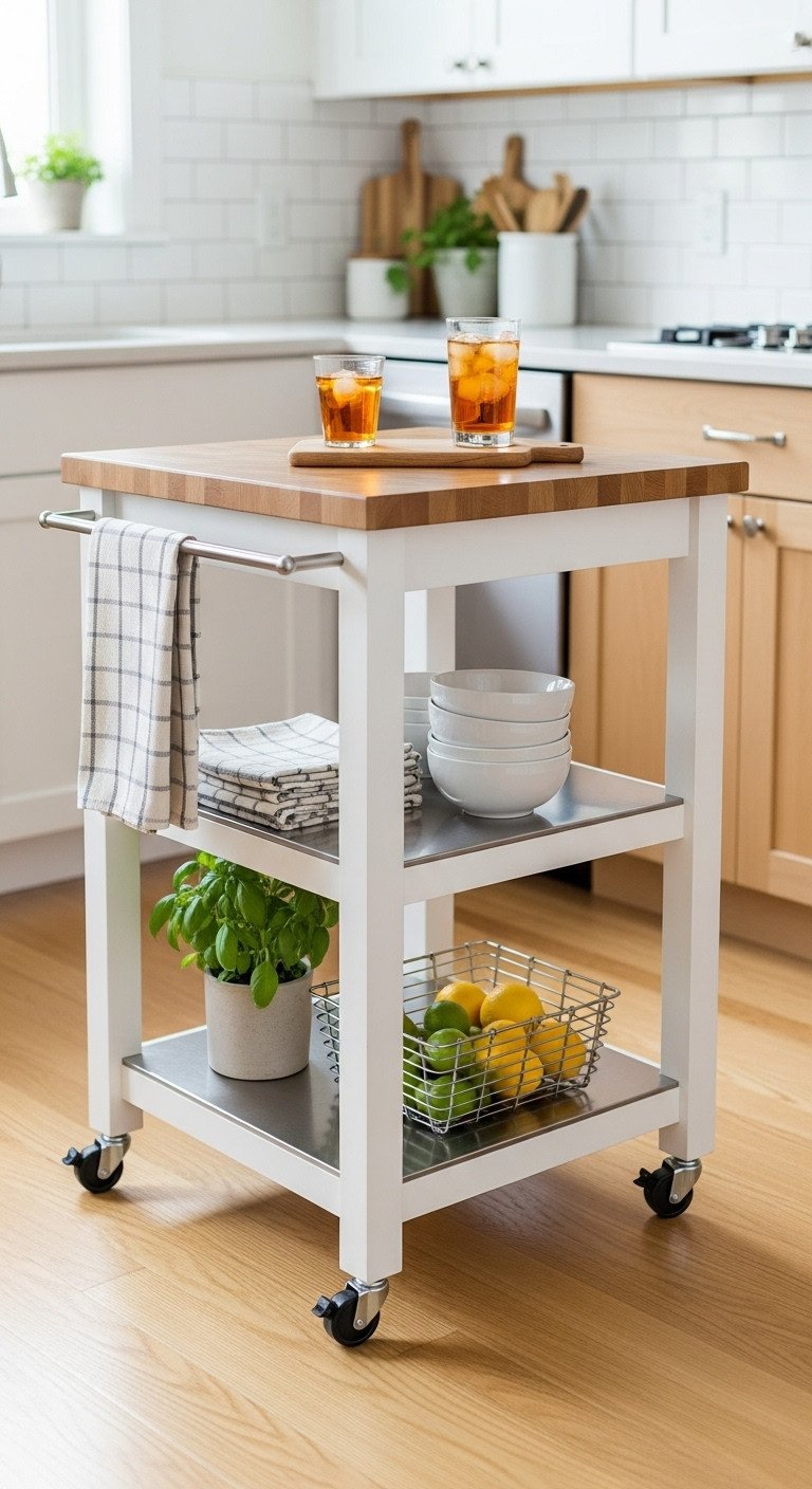 11 Brilliant Apartment Kitchen Layout Ideas For Small Spaces 3 White rolling kitchen cart with butcher block top, tea towels, bowls, lemons, and basil. Bright apartment kitchen storage.