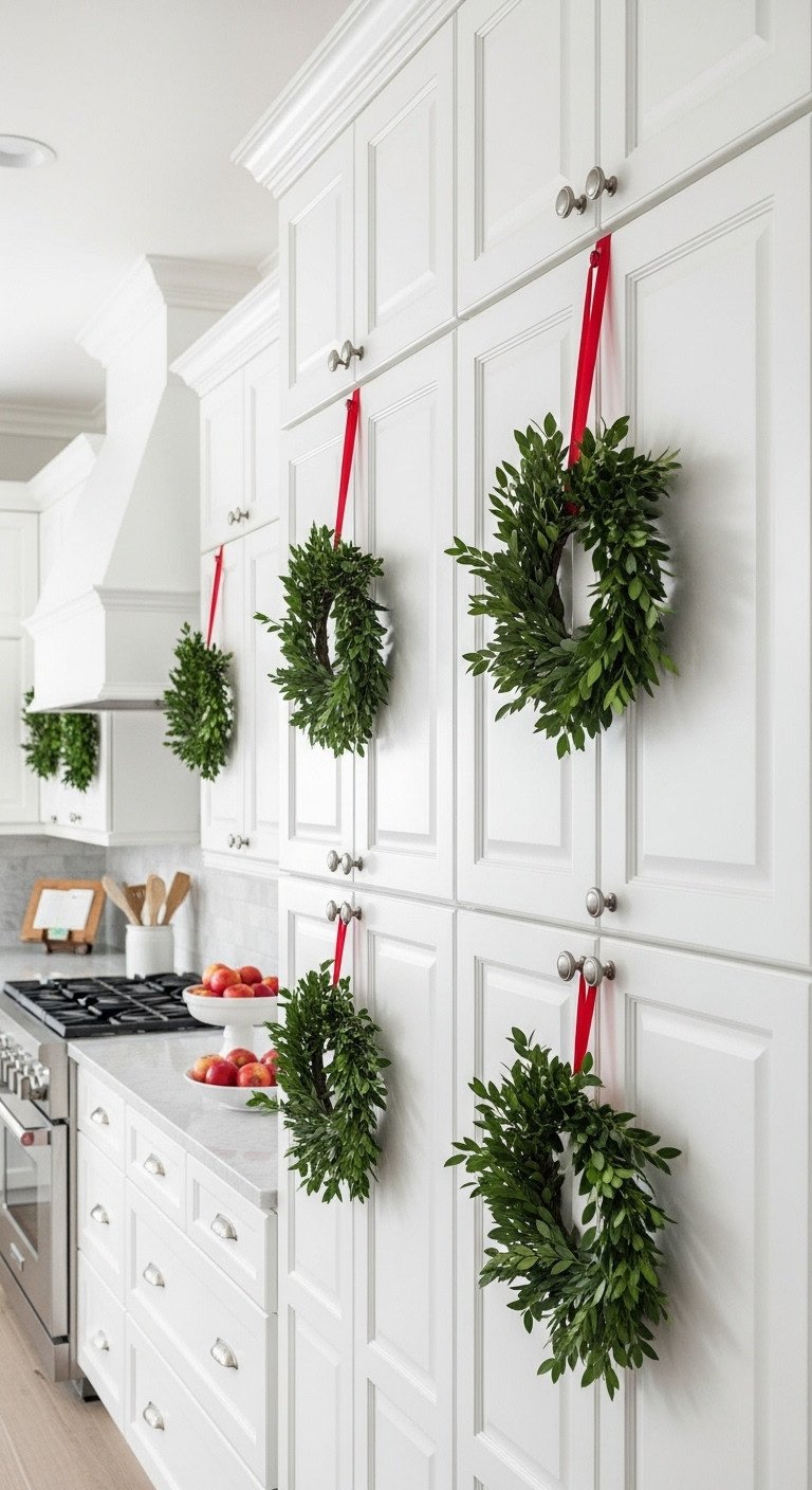White shaker kitchen cabinets decorated with green boxwood wreaths and red satin ribbons for Christmas