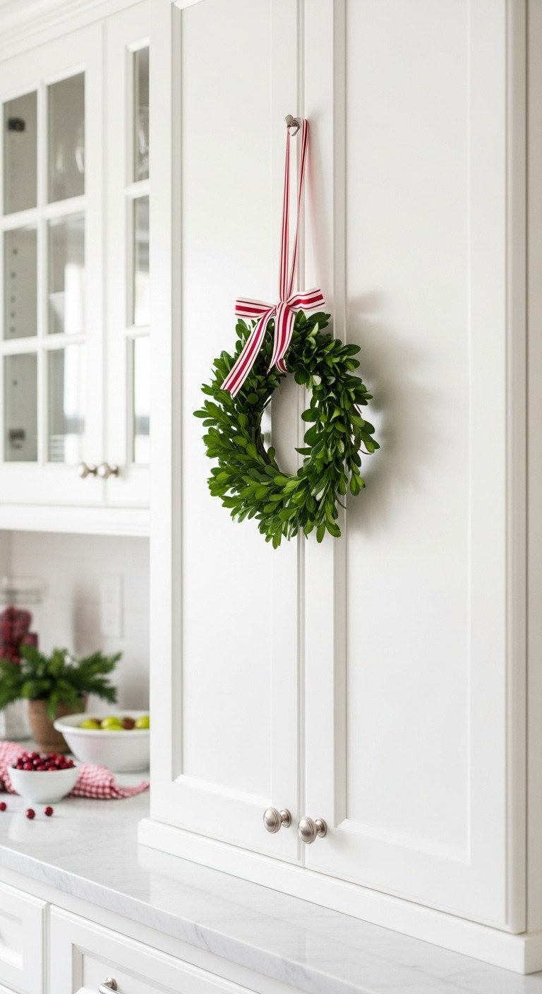 White shaker kitchen cabinets with a small green boxwood wreath and red and white striped ribbon for Christmas decor