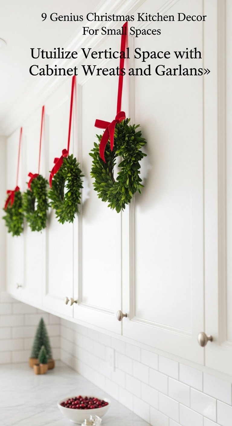White shaker kitchen cabinets with small preserved boxwood wreaths and red velvet ribbons for Christmas decor