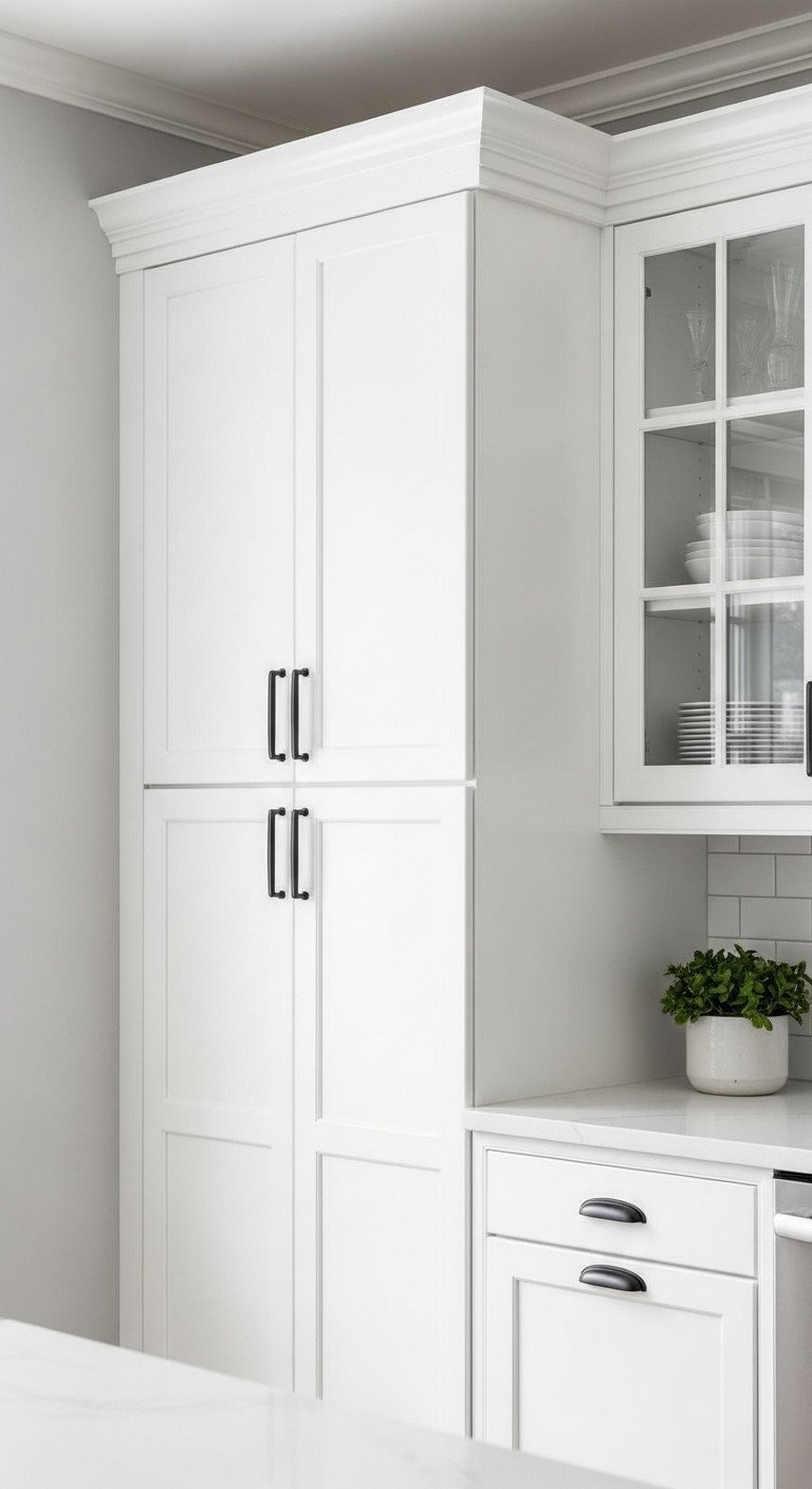 White shaker-style kitchen cabinets reach the ceiling in a bright U-shaped apartment kitchen with matte black pulls & glass doors revealing plates.