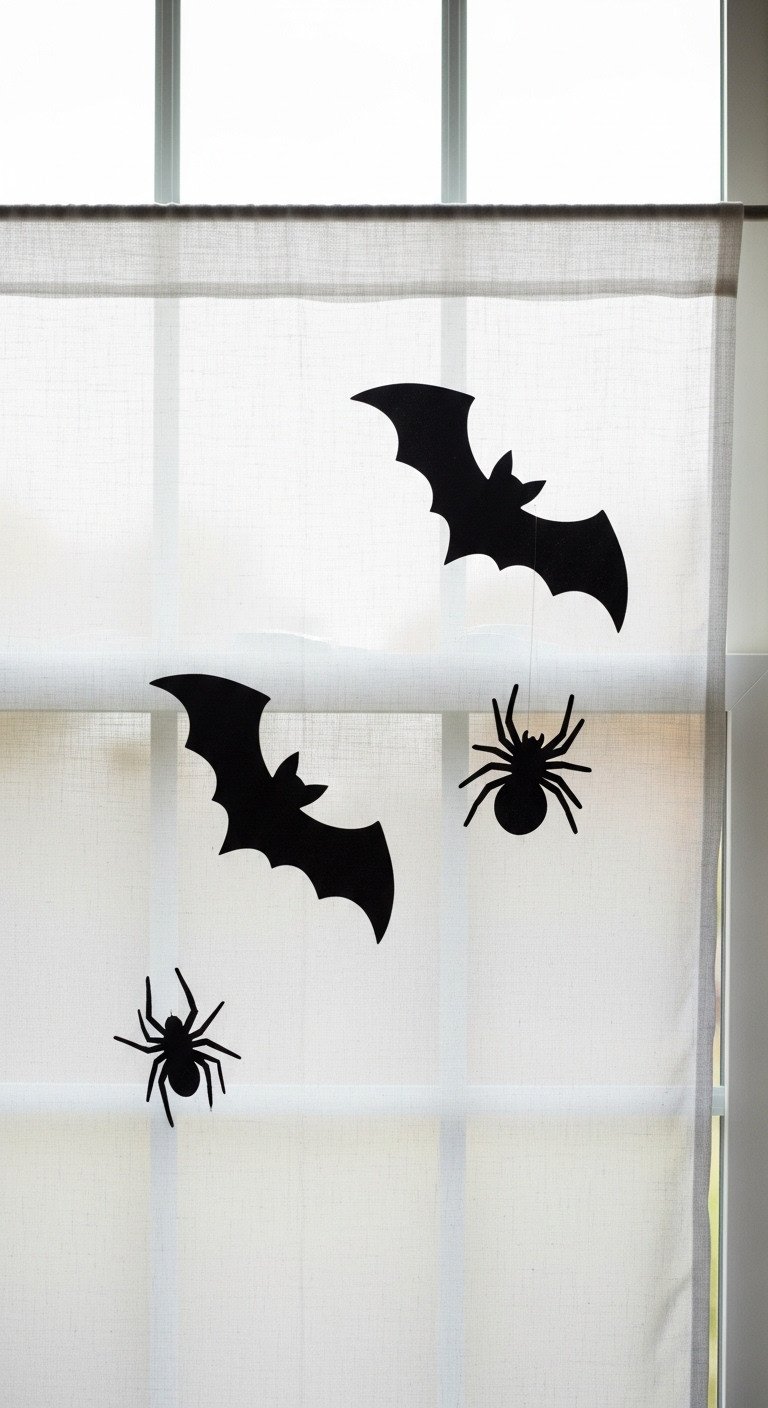 White sheer curtain with black bat and spider silhouettes in a kitchen window