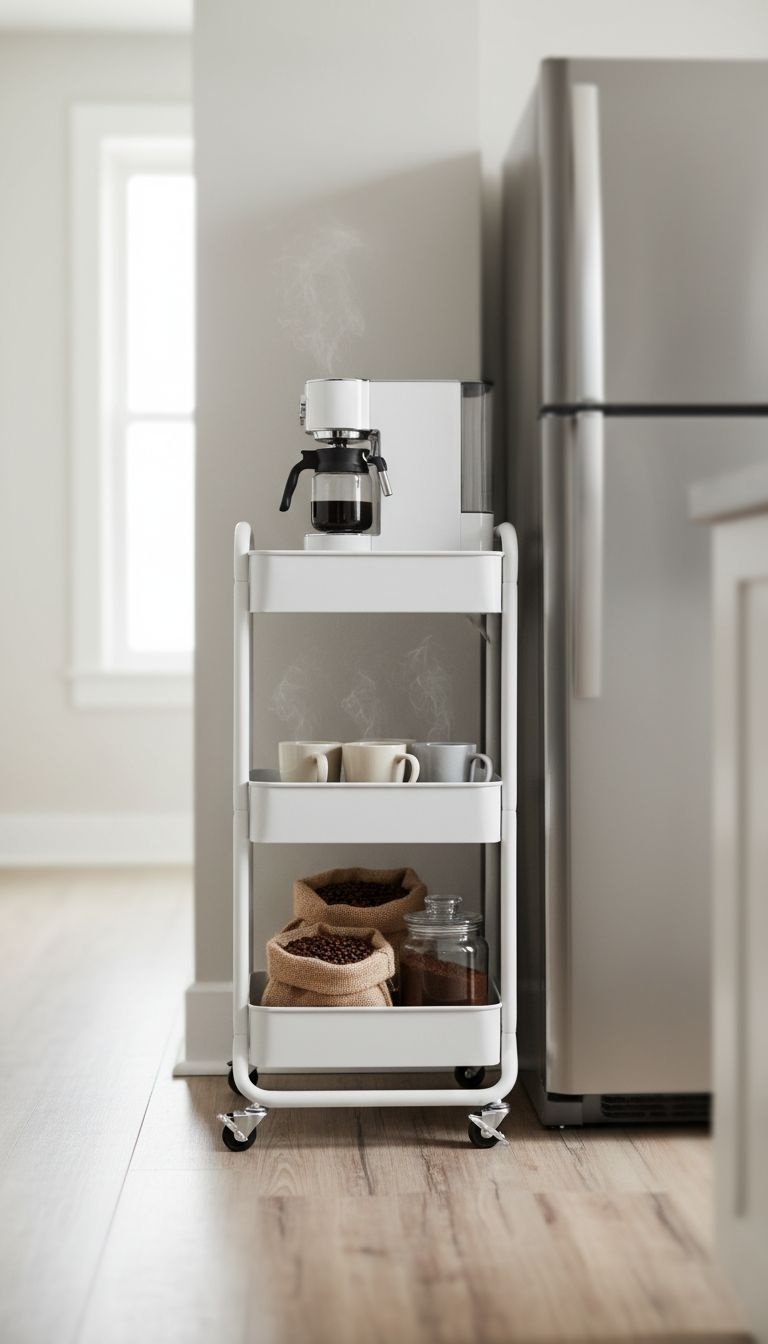White three-tiered metal rolling cart: coffee maker, mugs, coffee beans. Efficient kitchen storage solution.