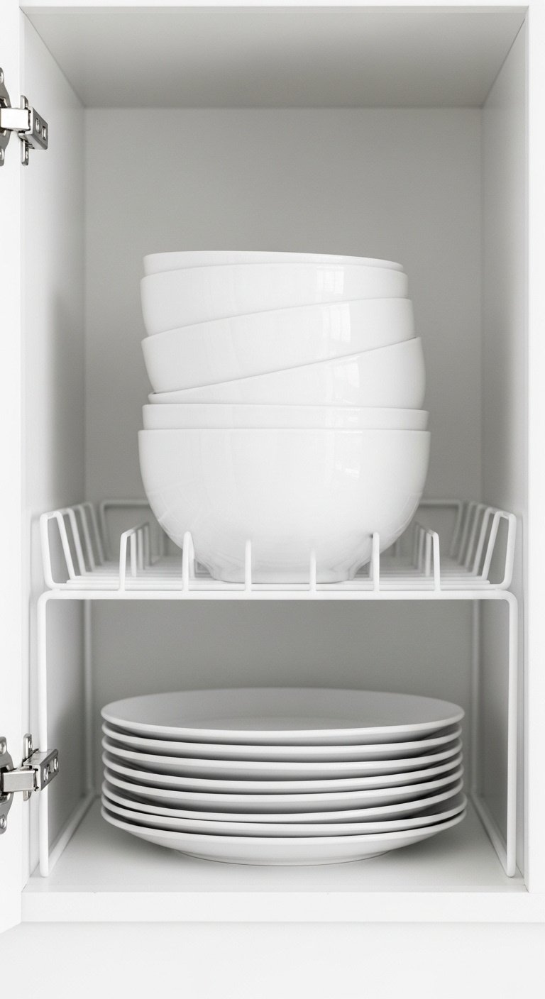11 Smart Apartment Kitchen Organization Ideas For Renters 11 White wire shelf riser inside a clean kitchen cabinet, neatly organizing ceramic bowls and dinner plates, maximizing vertical storage.