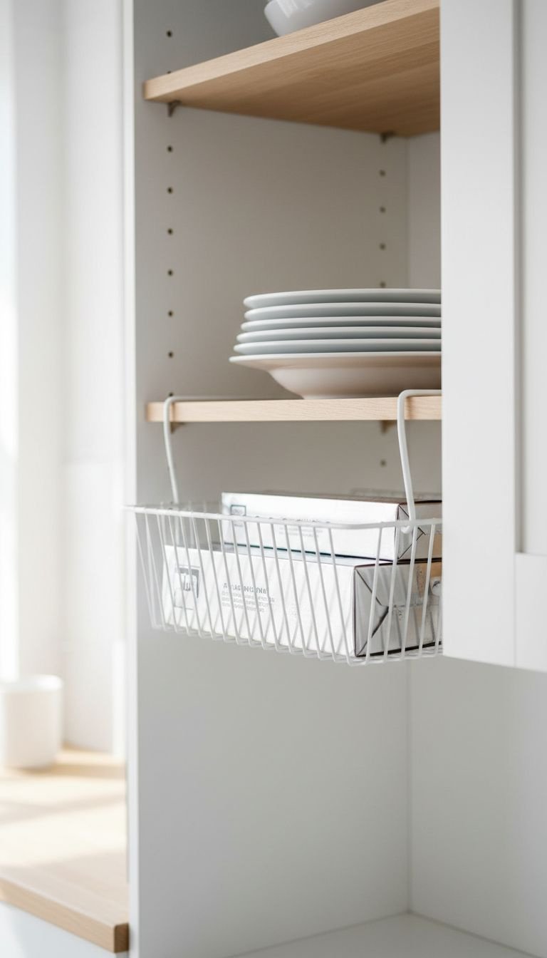 White wire under-shelf basket holding aluminum foil and plastic wrap in an open kitchen cabinet. Smart kitchen storage idea.