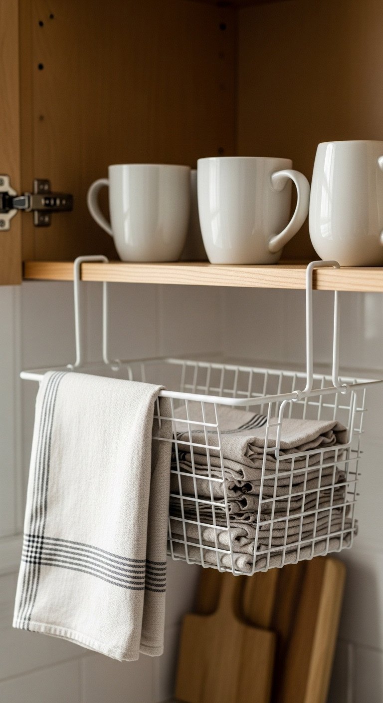 11 Smart Apartment Kitchen Organization Ideas For Renters 13 White wire under-shelf basket holding linen dish towels, hanging from a wooden cabinet shelf with mugs above, maximizing kitchen storage.