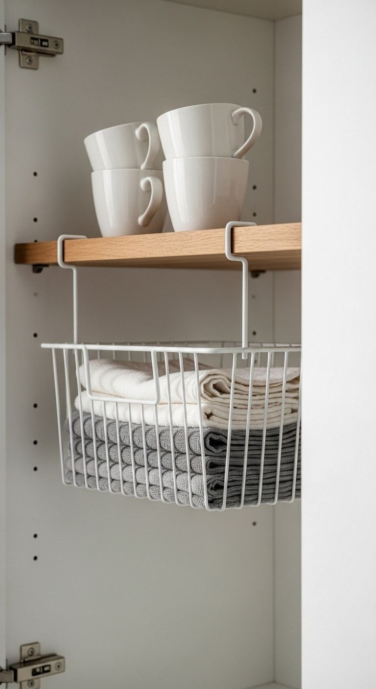 White wire under-shelf basket with neatly folded kitchen towels, coffee mugs on a wooden shelf, maximizing cabinet storage.