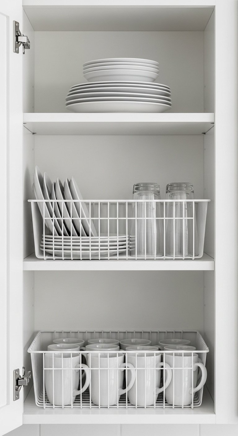 13 Genius Studio Apartment Kitchen Hacks That Save Space 5 White wire under-shelf baskets for kitchen cabinet organization, holding plates and coffee mugs in a clean, minimalist setting. Home decor DIY.