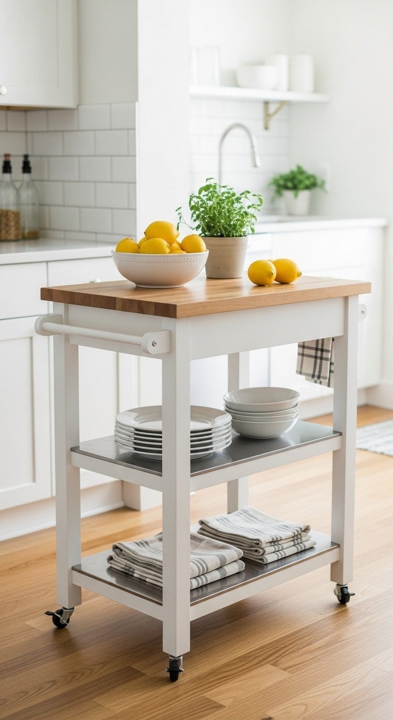 Genius Apartment Kitchen Island Ideas That Maximize Space 1 White wooden rolling kitchen cart with natural butcher block top, lemons, and herbs on shelves in a bright, airy small apartment kitchen.