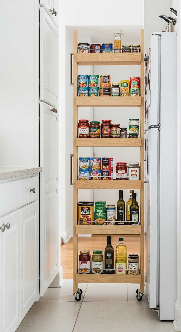 11 Brilliant Apartment Kitchen Layout Ideas For Small Spaces 11 White wooden rolling pantry cart with organized canned goods, sauces, and oils. Clever, slim kitchen storage.