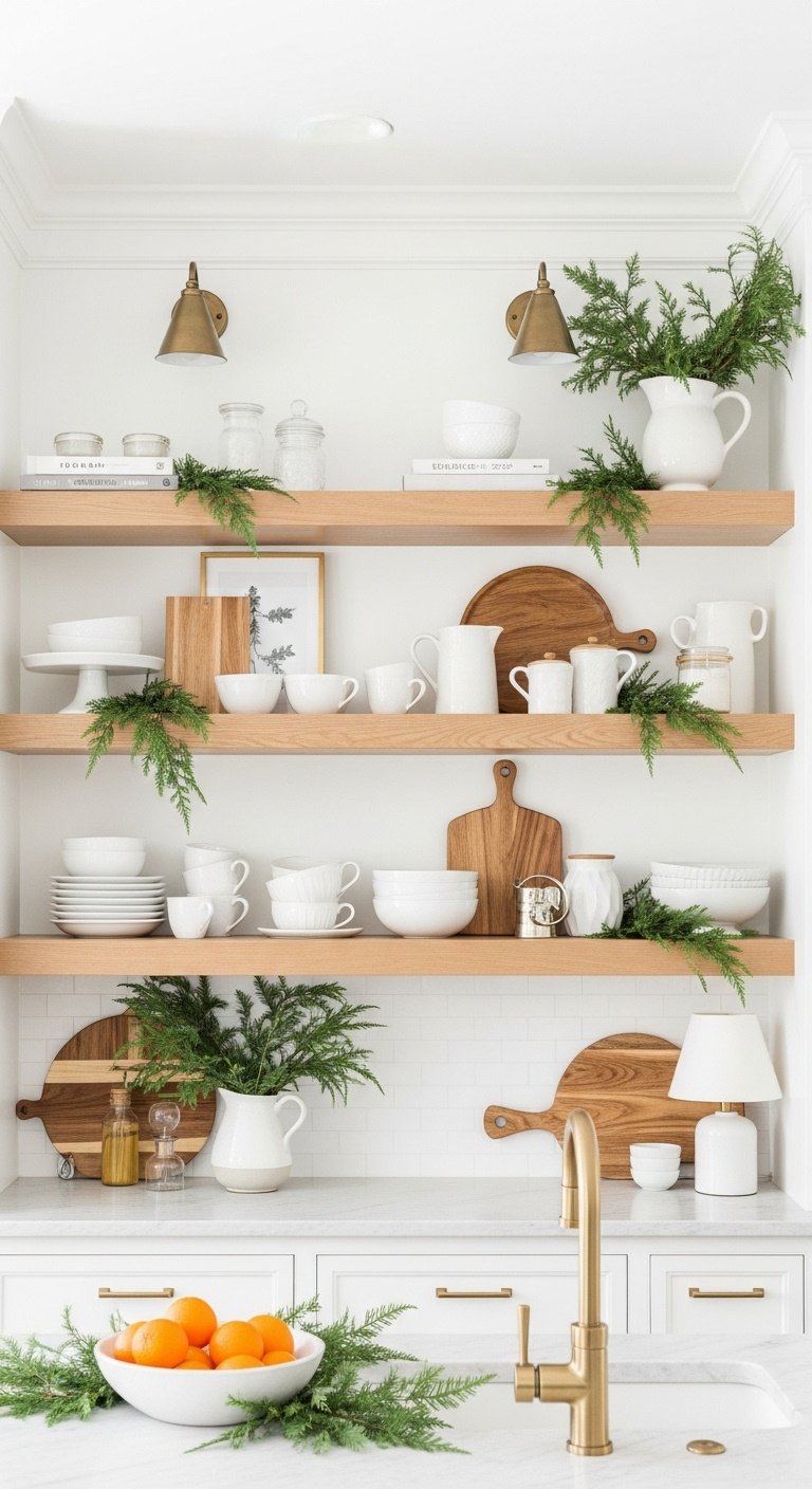 Beautiful Christmas Kitchen Shelves A Step By Step Guide 13 Wide shot of decorated Christmas kitchen shelves featuring white ceramics, natural wood, brass, greenery. Festive home decor.