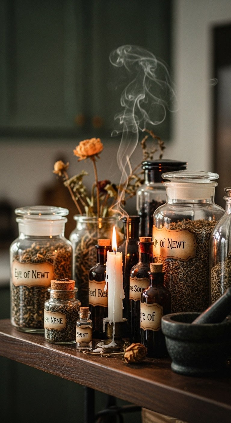 Witchy Halloween kitchen decor apothecary potion station
