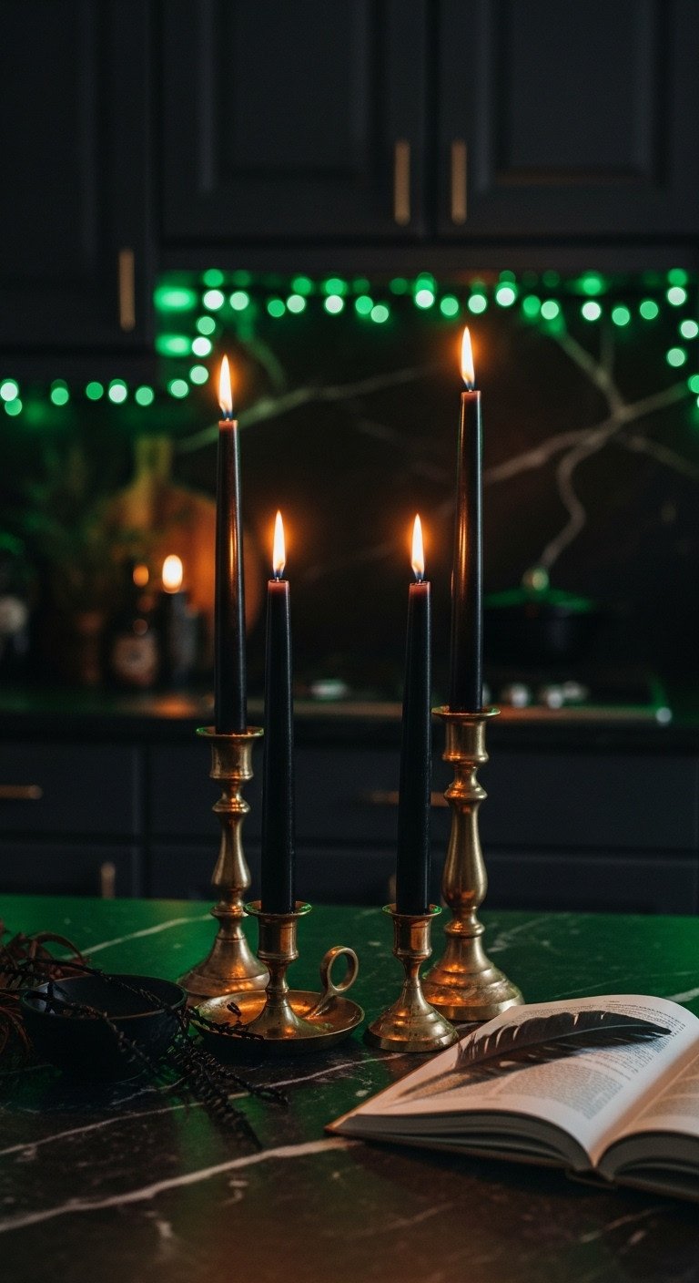 Witchy Halloween kitchen decor moody lighting candles