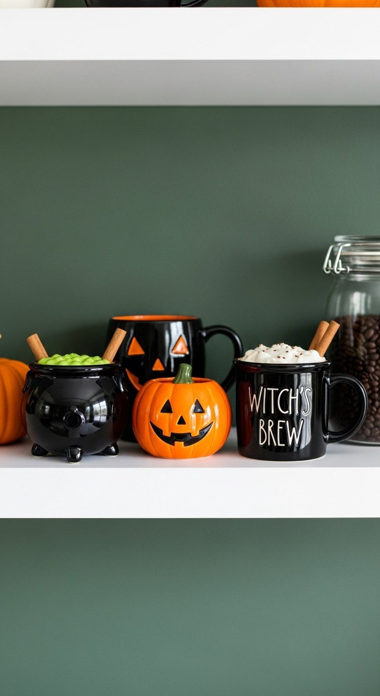 Witchy Halloween kitchen decor themed mugs