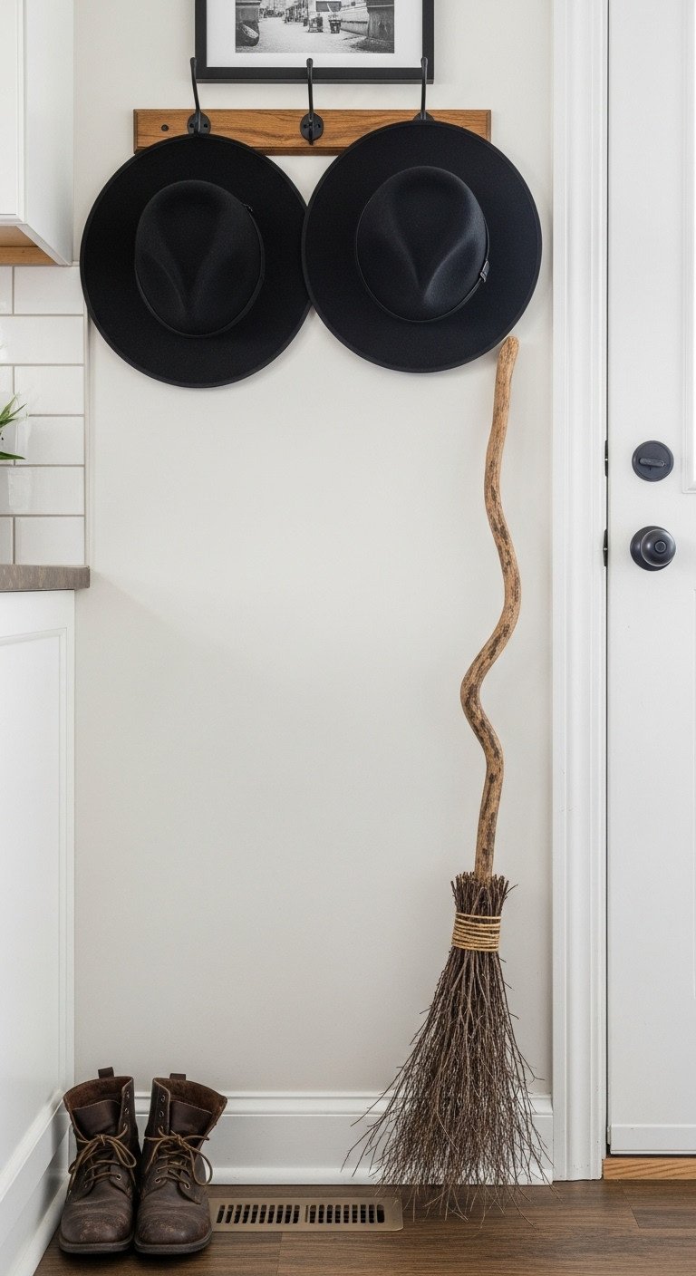 Witchy Halloween kitchen decor witch hats broom