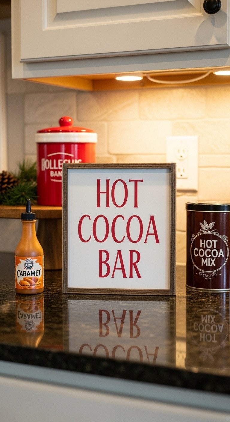 Wooden Hot Cocoa Bar sign with red lettering on dark granite countertop cozy kitchen setup
