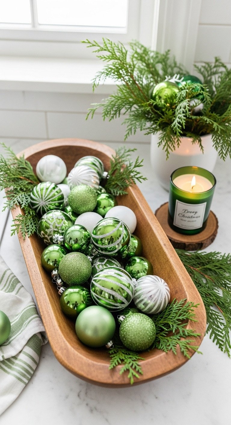 Wooden dough bowl filled with green and white glass ornaments and fresh cedar sprigs for Christmas