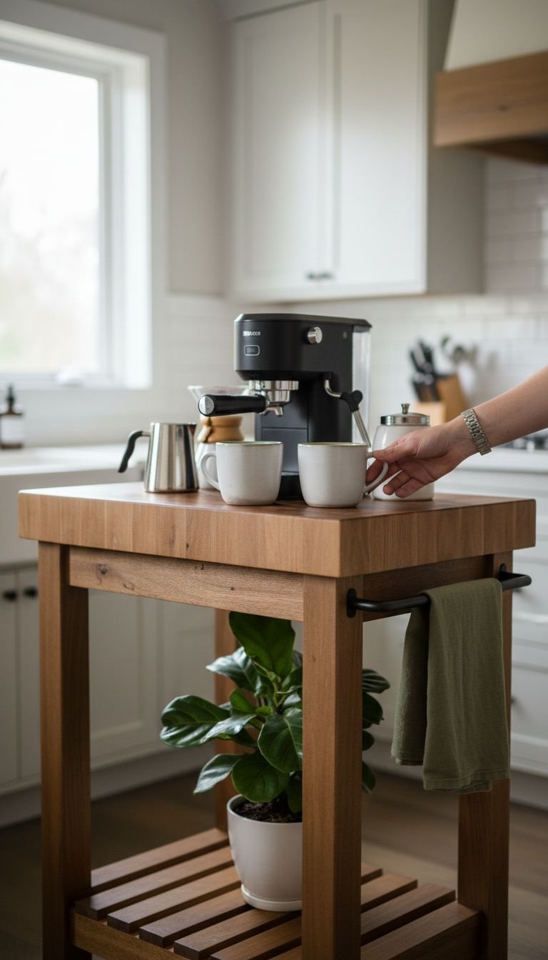 Wooden kitchen cart with butcher block top, styled as a coffee station with espresso machine, mugs. Hand reaches for mug.