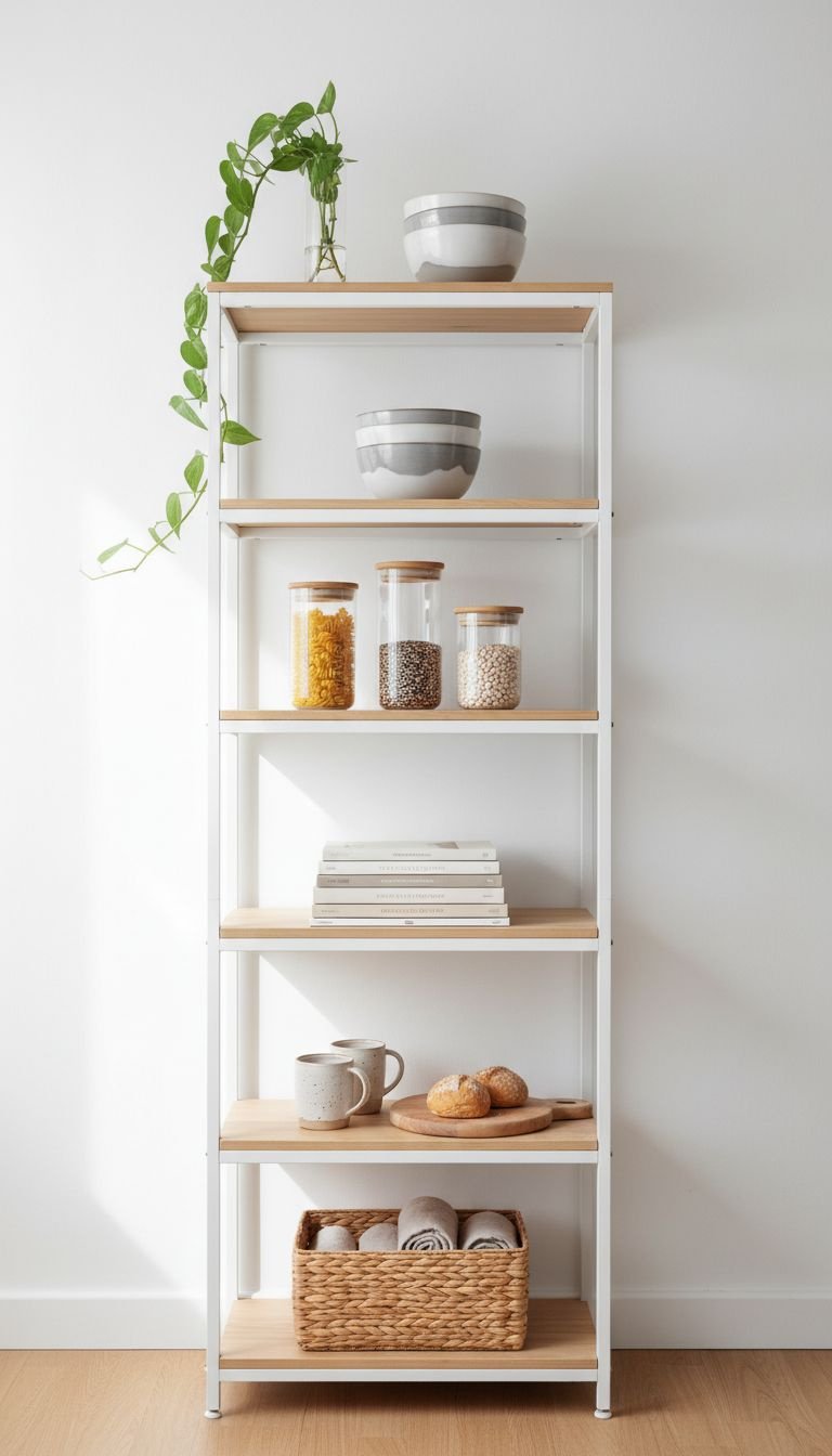 Wooden kitchen cart with butcher block top. Lemons, towels, veggies. Mobile island for apartment kitchen storage.