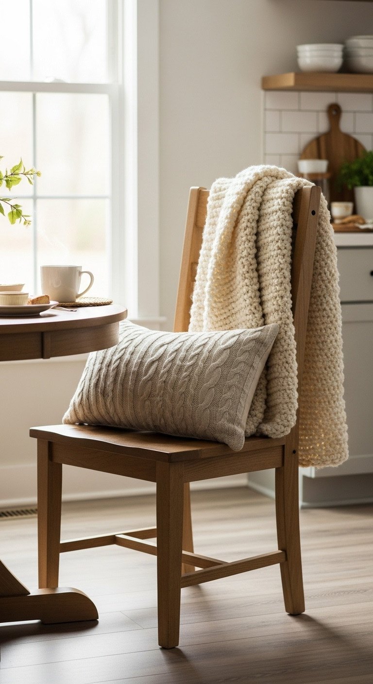 7 January Decor After Christmas Kitchen Ideas For A Cozy Reset 7 Wooden kitchen chair with cream chunky knit throw blanket and cable knit pillow in breakfast nook