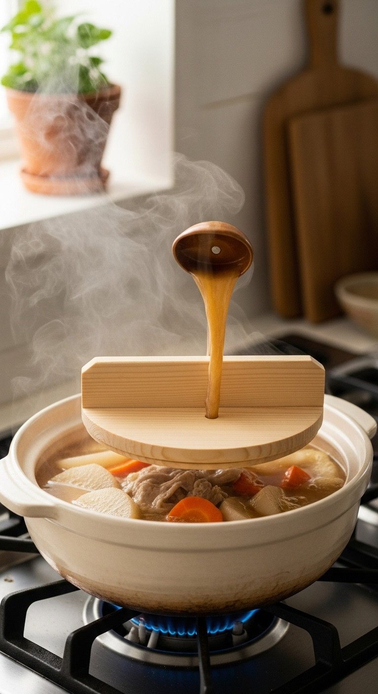 Wooden otoshibuta drop lid resting on simmering daikon and carrots in a donabe pot