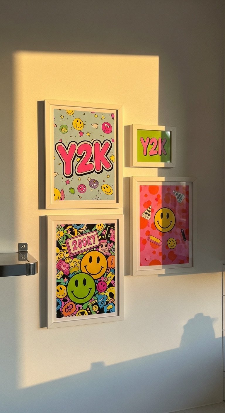 Y2K kitchen gallery wall with framed art featuring bubbly fonts, smiley faces, and pop culture motifs on a light wall.