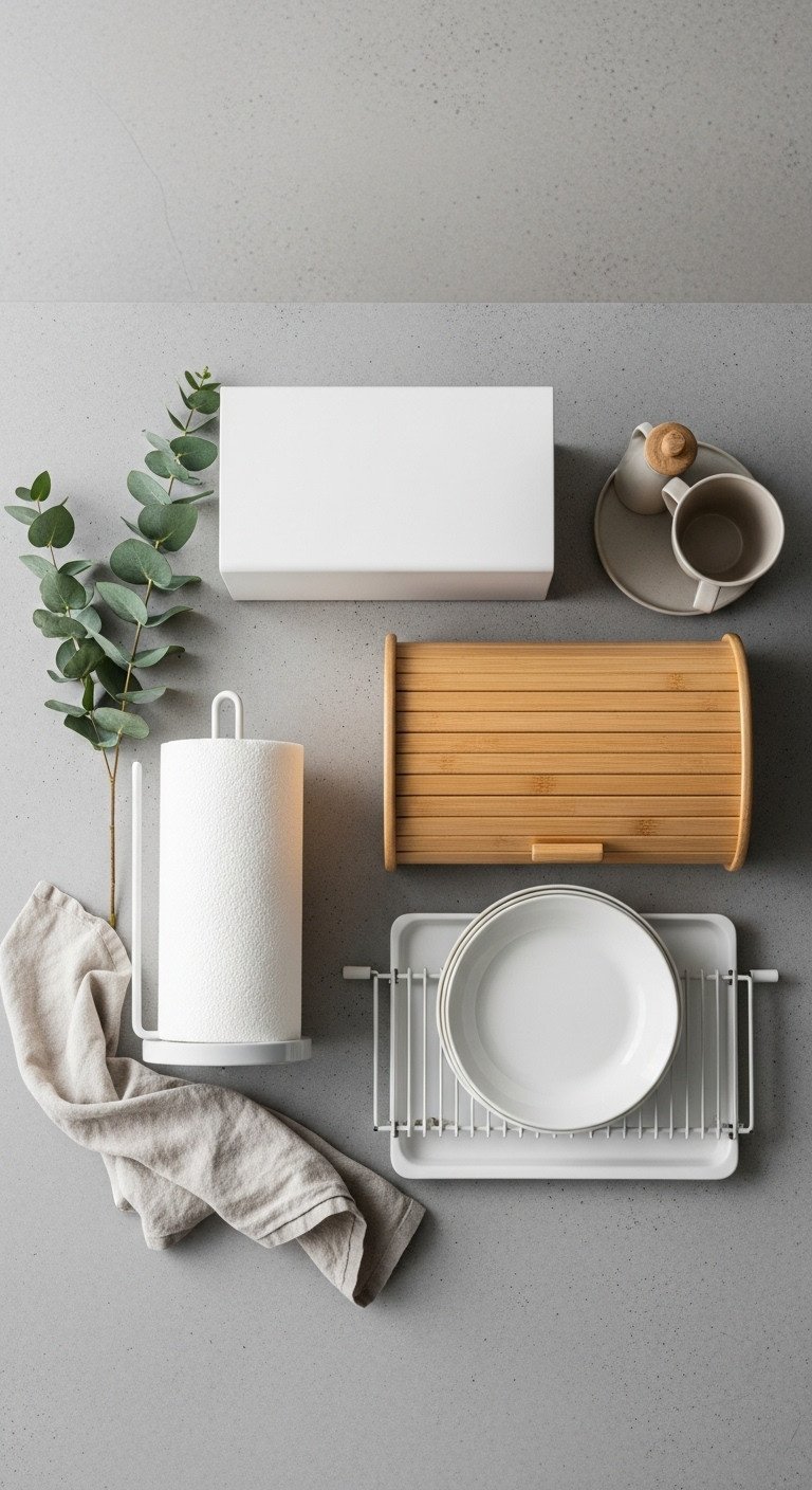Yamazaki Home products including white steel Tower paper towel holder bread box with wooden lid and dish rack on concrete countertop