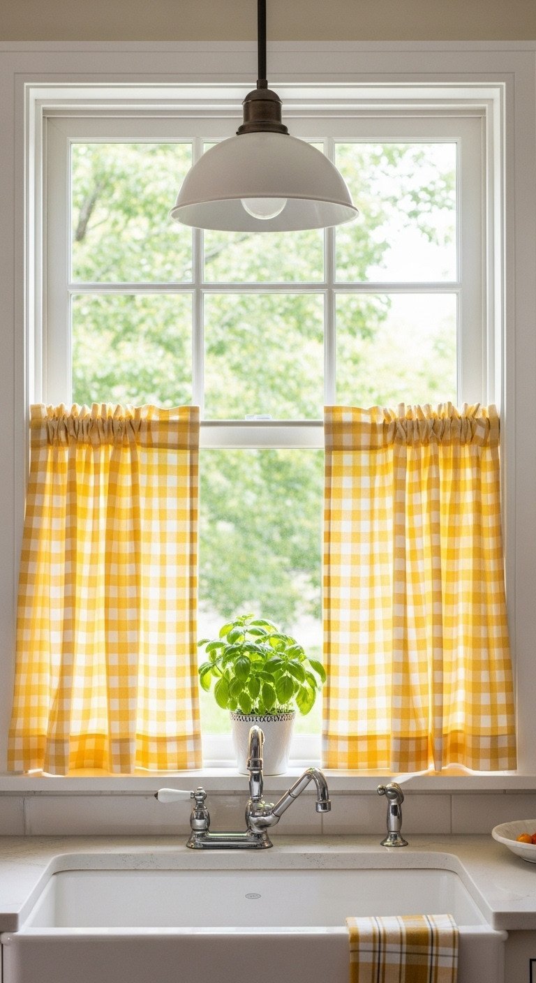 Yellow and white gingham cafe curtains over a kitchen sink with basil plant. Sunny farmhouse window decor.