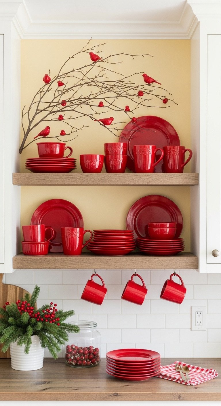 Yellow kitchen Christmas decor with red accents on open shelves festive holiday charm