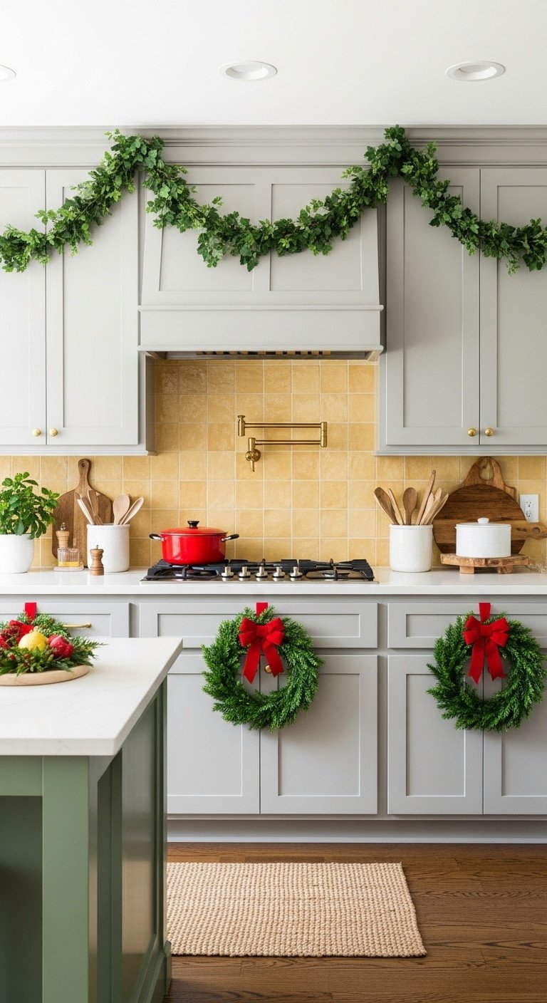 Yellow kitchen backsplash with green garland and wreaths on gray cabinet doors for Christmas decor