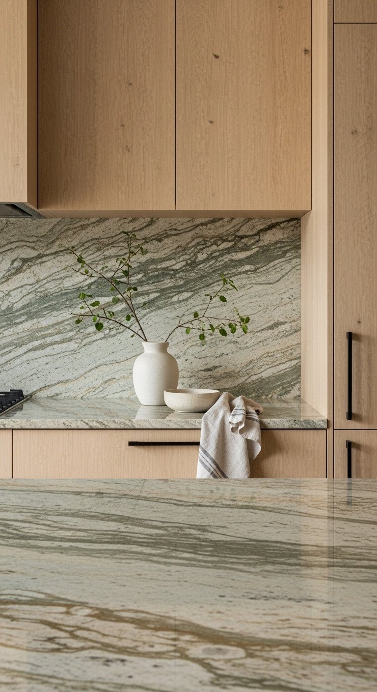 Zen Japandi kitchen with honed granite or quartzite countertop soft green and beige veining light wood cabinets and linen tea towel