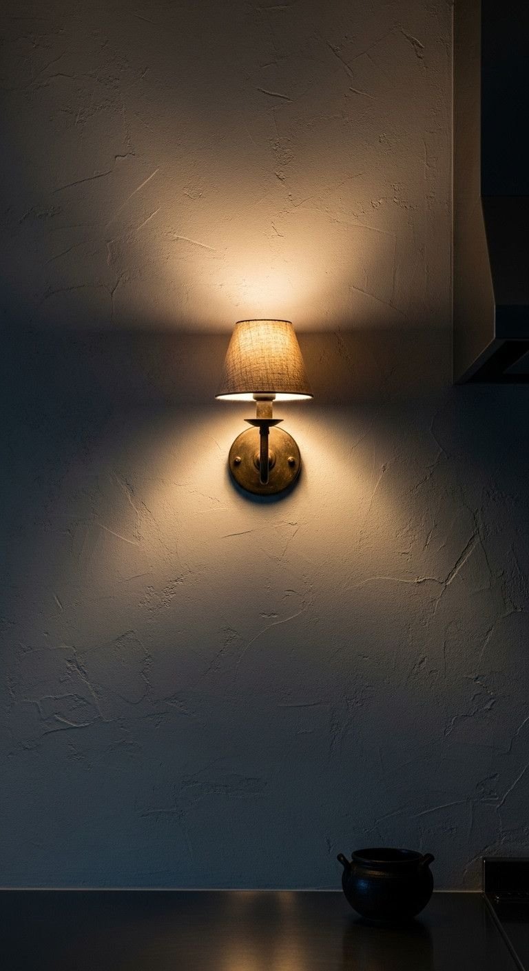 Quiet Japanese kitchen corner with a simple wabi-sabi wall sconce on textured light grey plaster