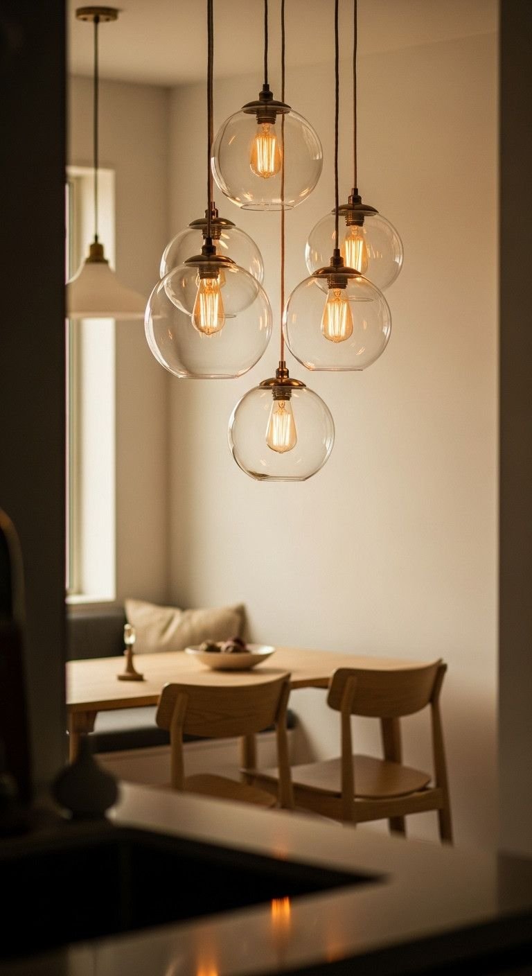 Modern airy Japandi kitchen with a cluster of glass globe pendants over a dining nook