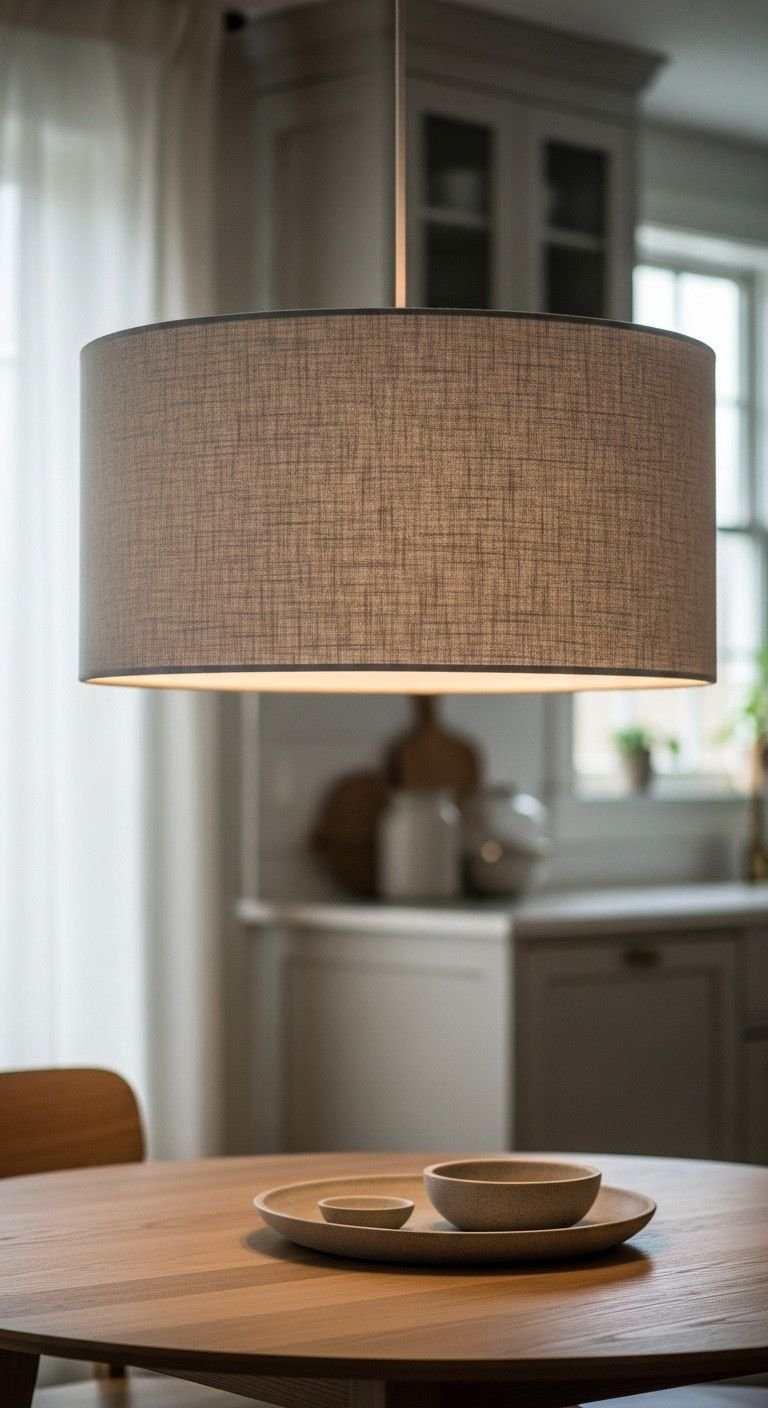 Cozy Japandi kitchen with a fabric drum pendant hanging low over a round wooden dining table