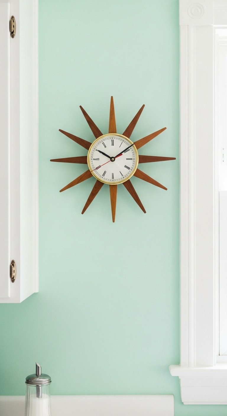 A 1950s-style Atomic Age starburst clock with teak and brass details, the focal point on a retro mint green kitchen wall.