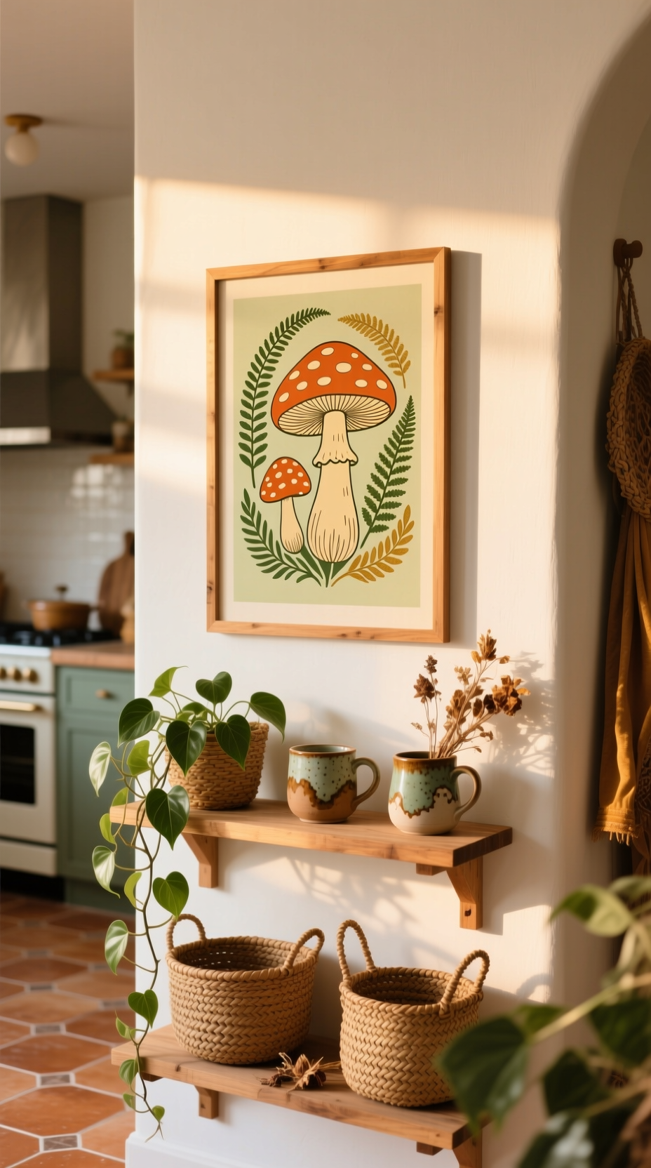 Stunning Vintage Kitchen Decor Ideas For A Charming Home 15 A 1970s-inspired vintage art print of mushrooms and ferns hangs above open wooden shelves in a boho-chic kitchen.