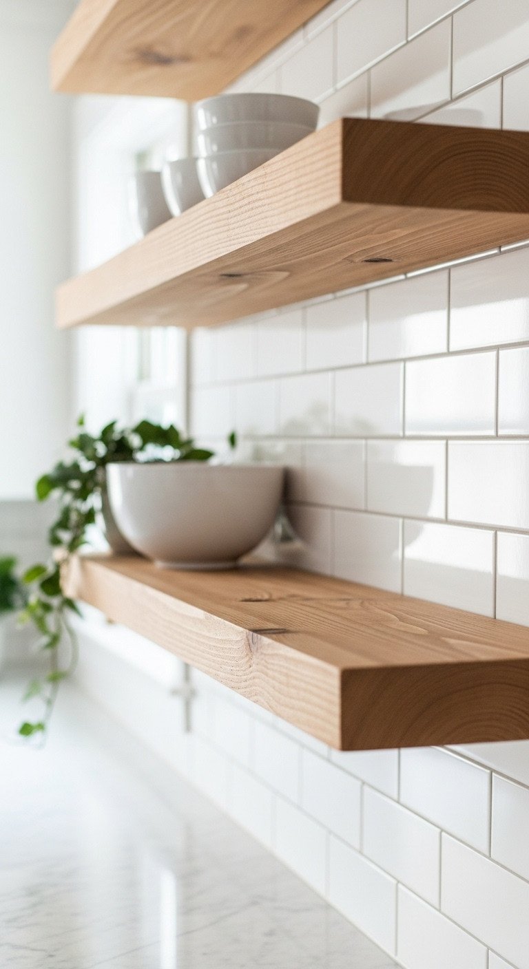 A 45-degree angle shot of empty rustic wood floating shelves on a white subway tile kitchen wall, lit by soft daylight.