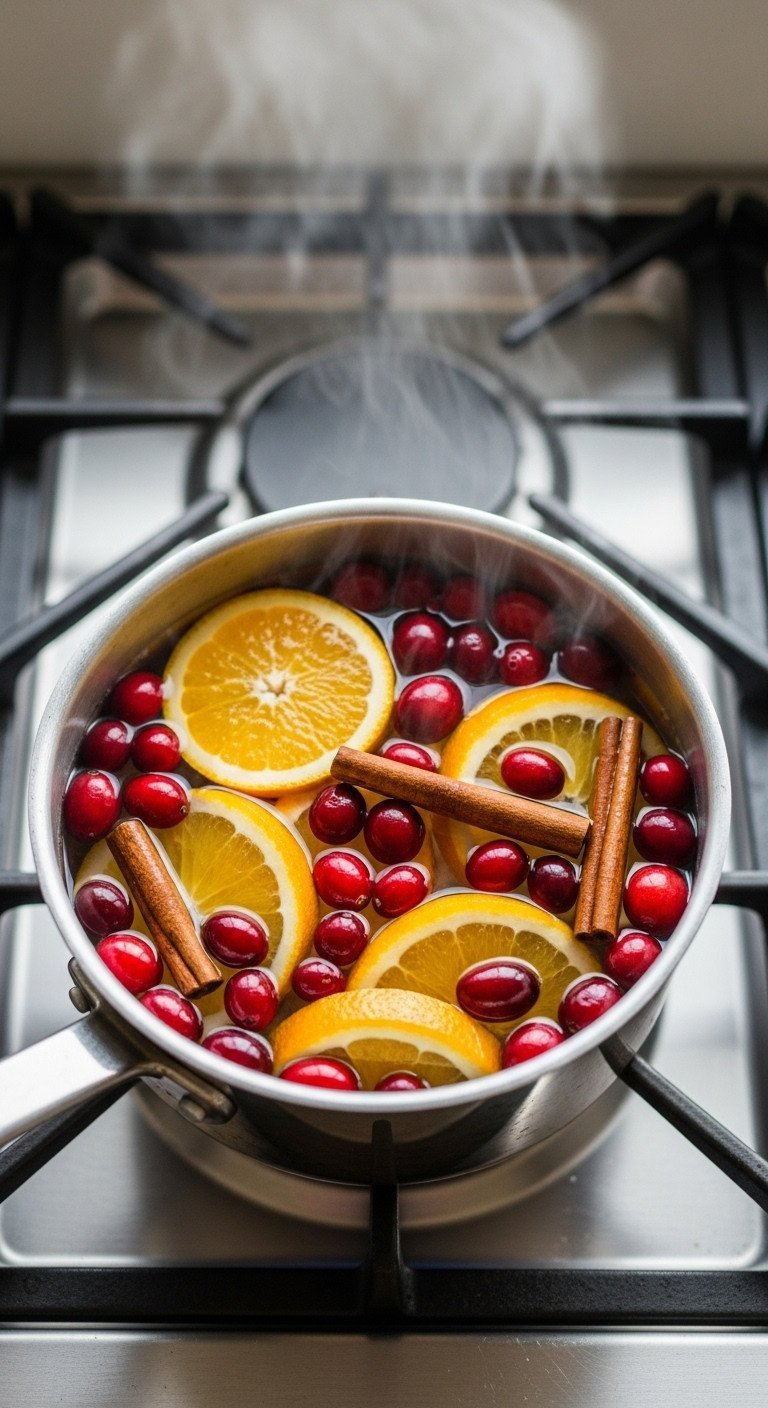 A Christmas simmer pot with cranberries, orange slices, and cinnamon sticks gently steaming in a saucepan on a modern stovetop.