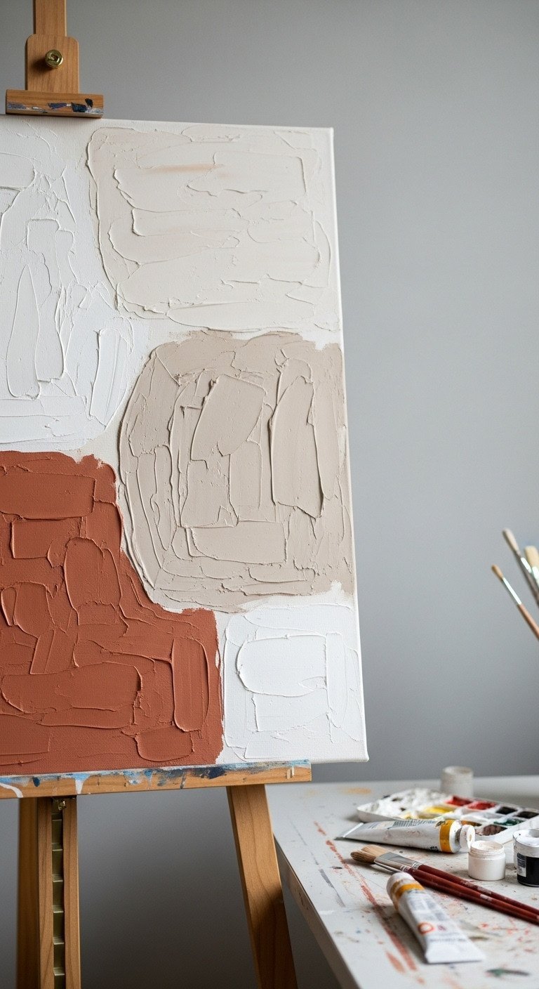 A DIY abstract canvas with thick, textured plaster-like paint in neutral tones, displayed on a wooden easel in a studio space.