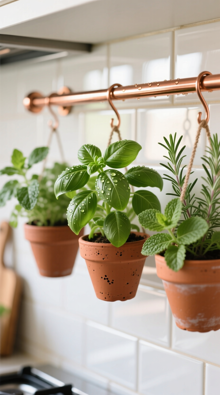 11 Diy Kitchen Wall Decor Ideas That Look High End 15 A DIY hanging herb garden with fresh basil in terracotta pots on a copper rod, mounted on a white kitchen tile backsplash.